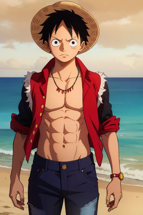 black short hair, blue pants, red vest yellow buttons, strawhat with red ribbon, monkey D. Luffy, symmetrical body, portrait, sandals, background beach, x-shaped scar on chest, scar under the eye,
