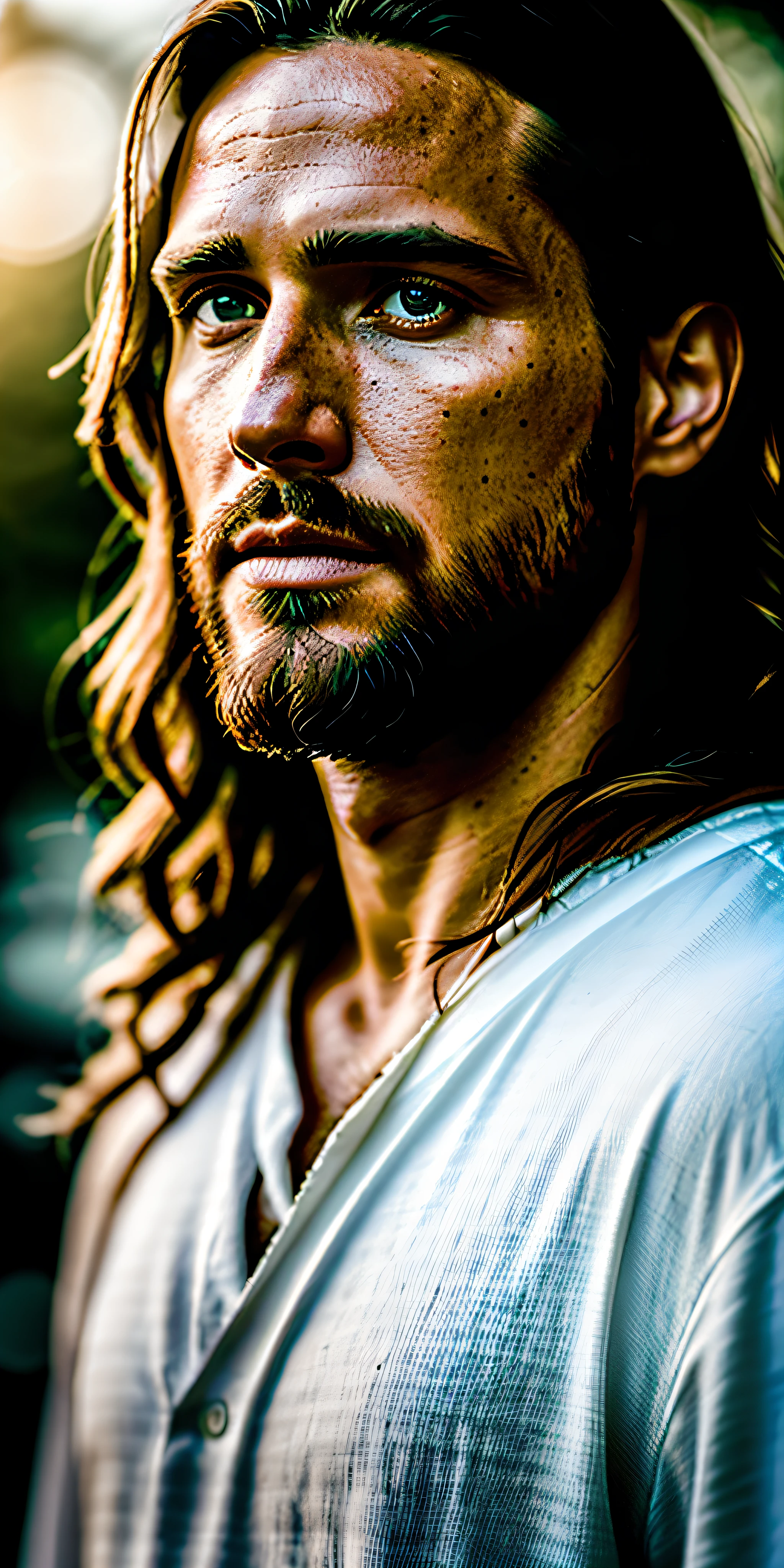 portrait de Jésus des temps modernes, Éclairage cinématographique, profondeur de champ, bokeh, le réalisme, Photoréaliste, hyperle réalisme, photographie professionnelle, UHD, Reflex numérique, HDR