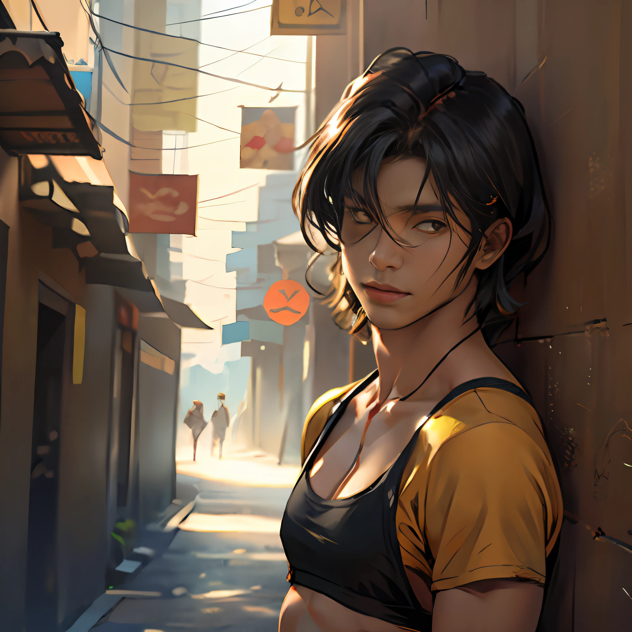 ultra realistic, 16-year-old boy with cinnamon-brown skin, toned athletic body straight hair,male serious thoughtful observer wearing tight-fitting black shirt, in the background an ancient Egyptian city