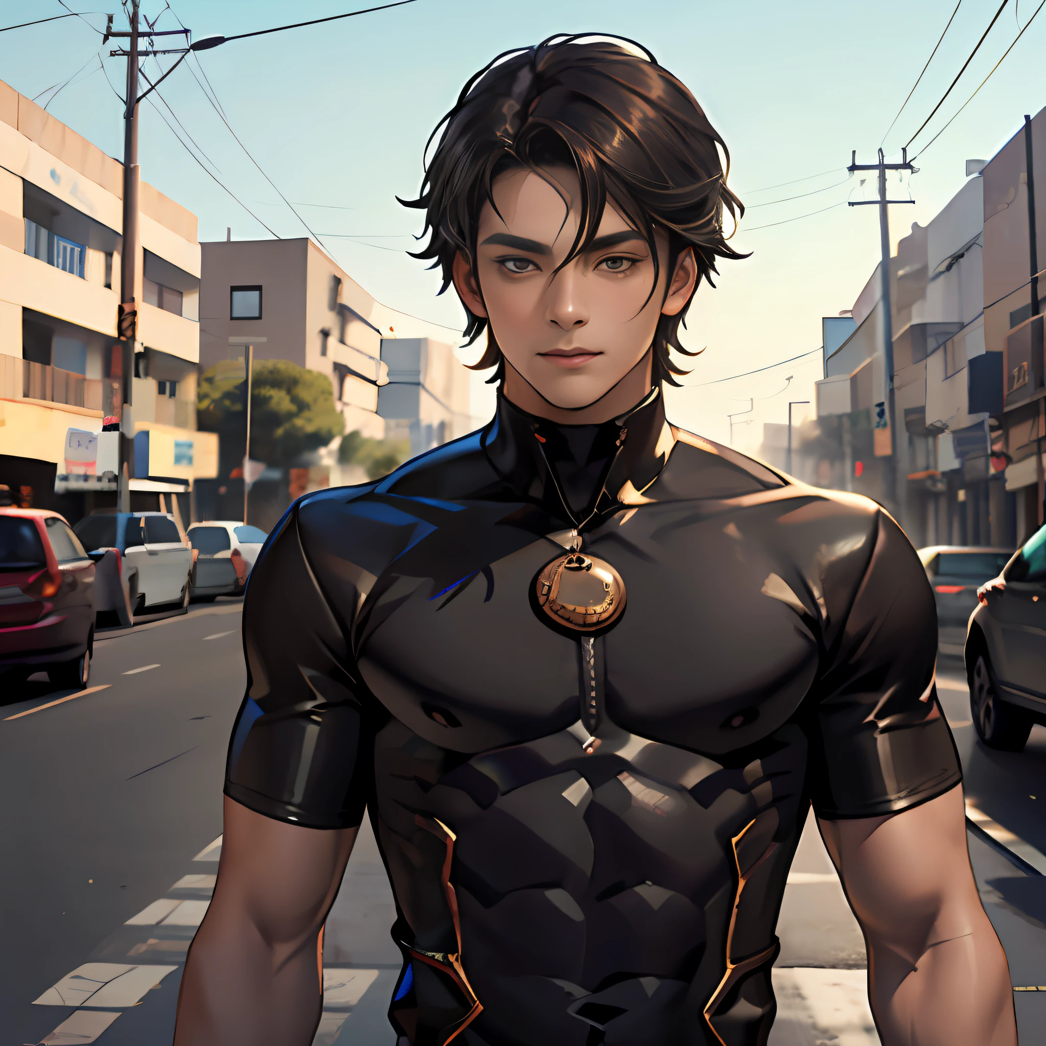 ultra realistic, 16-year-old boy with cinnamon-brown skin, toned athletic body straight hair,male serious thoughtful observer wearing tight-fitting black shirt, in the background an ancient Egyptian city