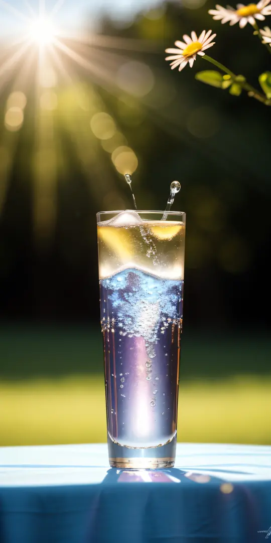 A glass with drops of water filled with carbonated drinks, translucent liquid, ice cubes, bubbles, a floral crown of daisies and lavender on picnic tablecloths, midday outdoor lighting, open air, natural background, summer day, hot weather, high detail, ve...