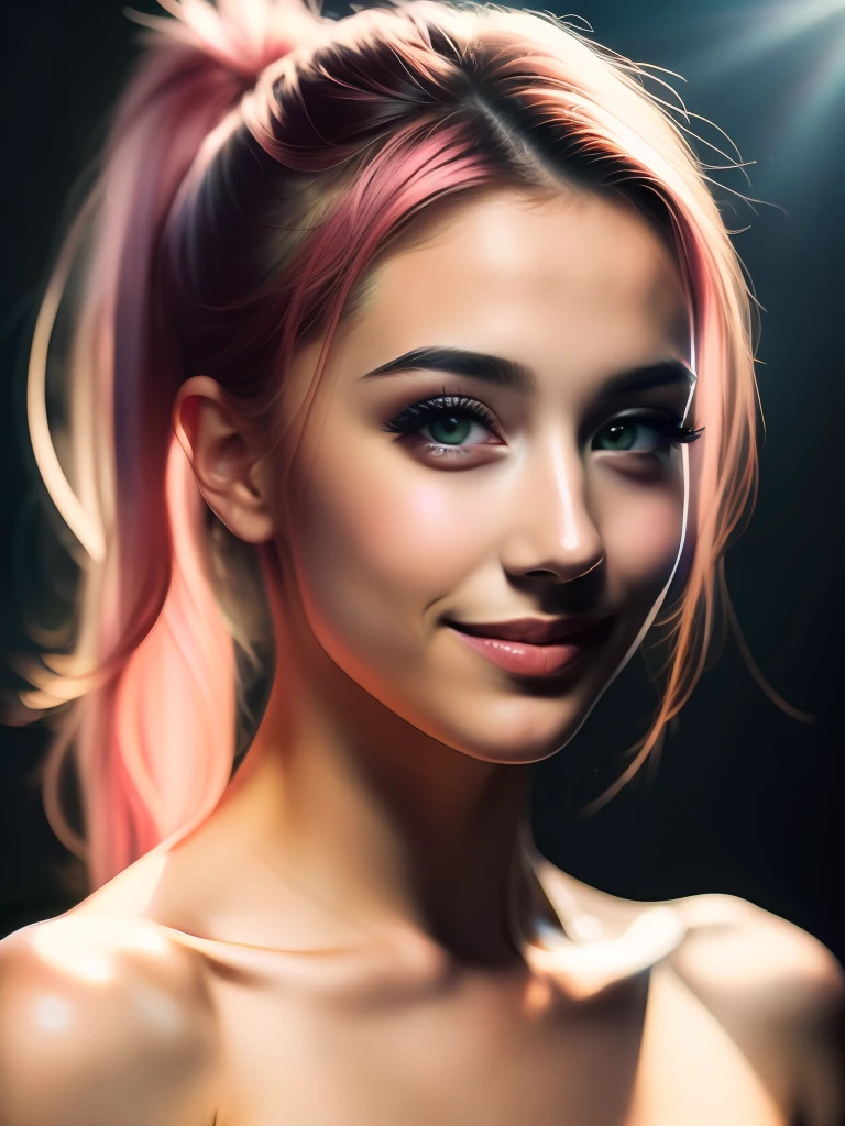night scene, close up photo of a sexy naked girl, posing, look at a camera and smile, pink ponytail hair, (green eyes:0.8), cute young face, 18 yo, soft volumetric lights, (backlit:1.3), (cinematic:1.3), intricate details, (ArtStation:1.2)