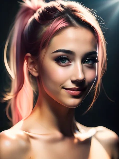 night scene, close up photo of a sexy naked girl, posing, look at a camera and smile, pink ponytail hair, (green eyes:0.8), cute...