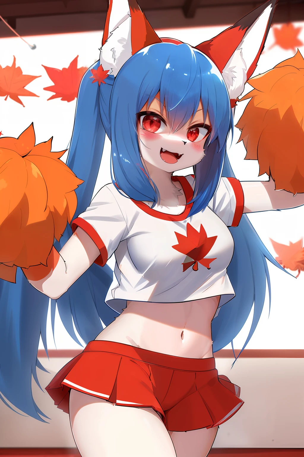 1girl, (furry female:1.1), kitsune, blue hair, red eyes, fox ears, fox tail:1.25, body fur:1.75, masterpiece, white logo tshirt, red shorts, (red maple leaf \(symbol\):1.25), \:|, (cheerleader:1.25), canada, hockey arena background, indoors, gym, excited look, Open mouth (smile)