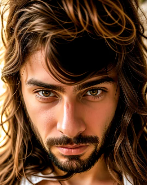 there is a man with long hair and beard looking at the camera, 8k selfie photography, with haunted eyes and dark hair, looking i...