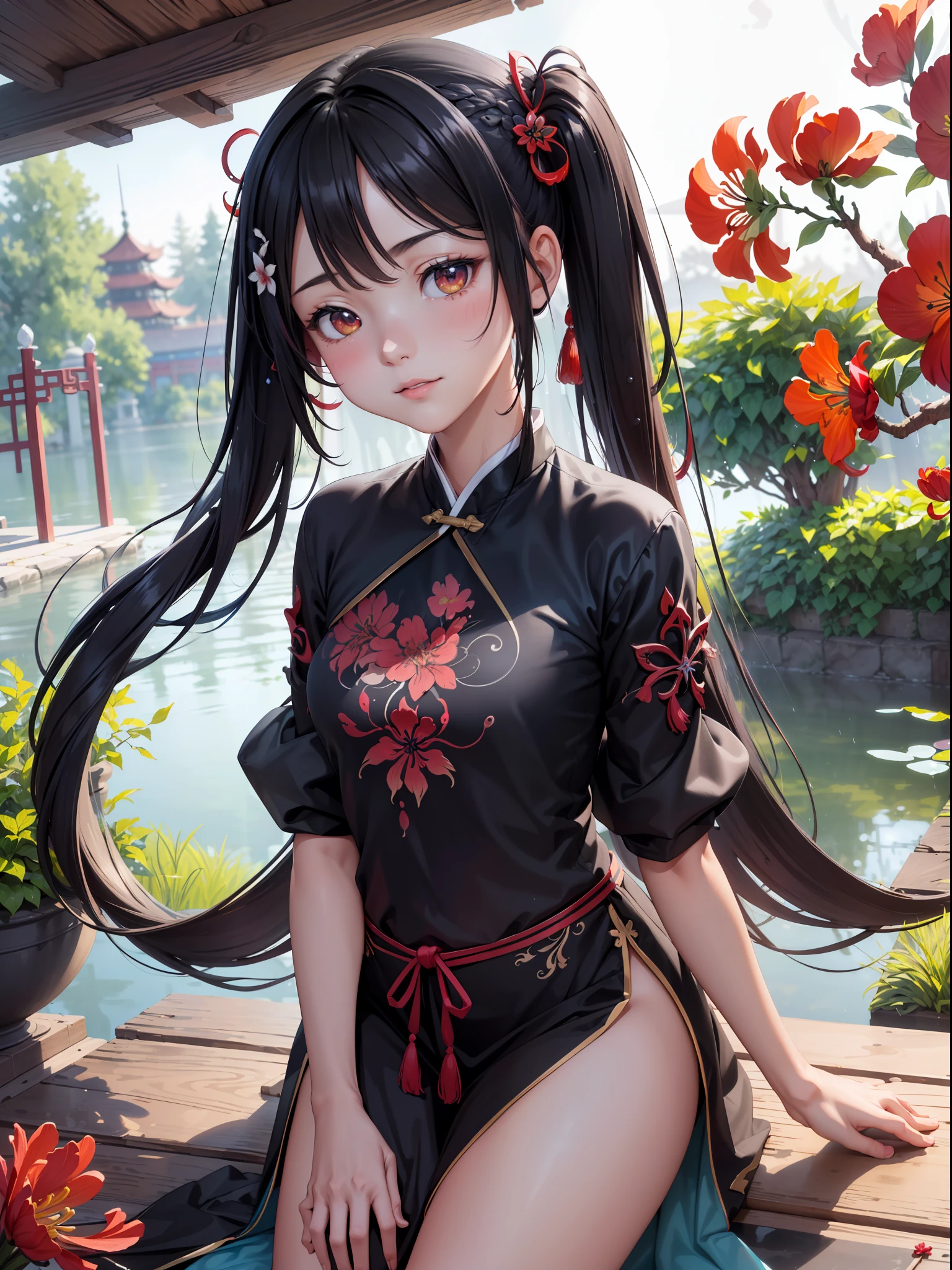 (8k, RAW photo:1.2),best quality, ultra high res,dramatic angle,(fluttered detailed color splashs), (illustration),(((1 girl))),(long hair),(rain:0.9),(hair ornament:1.4),there is an ancient palace beside the girl,chinese clothes,(focus on), color Ink wash painting,(color splashing),colorful splashing,(((colorful))),(sketch:0.8), Masterpiece,best quality, beautifully painted,highly detailed,(denoising:0.6),[splash ink],((ink refraction)), (beautiful detailed sky),moon,highly,detaild,(masterpiece, best quality, extremely detailed CG unity 8k wallpaper,masterpiece, best quality, ultra-detailed),(Lycoris radiata),