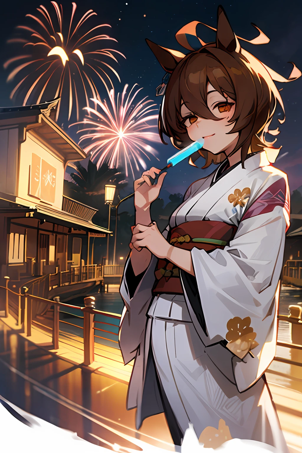 ((​masterpiece、top-quality))、、1girl in、dynamic ungle、dynamicposes:1.4、full body Esbian、Agnes-Tachyon\(umamusume\)、solo、hunk_Eyearl、kimono with white、 ((Genji fragrance pattern yukata, can), Gentle smile, Fireworks in the night sky, fireworks at background, 、modest tail、kimono、Holding a popsicle in your hand