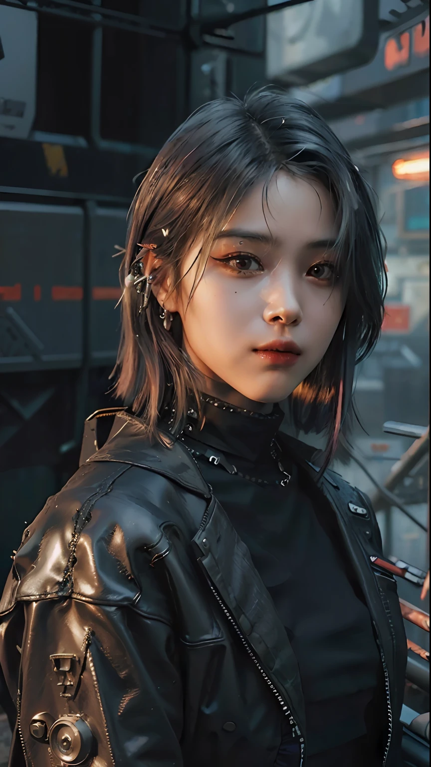 ((Best quality)), ((masterpiece)), (highly detailed:1.3), 3D, beautiful (cyberpunk:1.3) hacker woman with colored hair, black clothes looking at camera