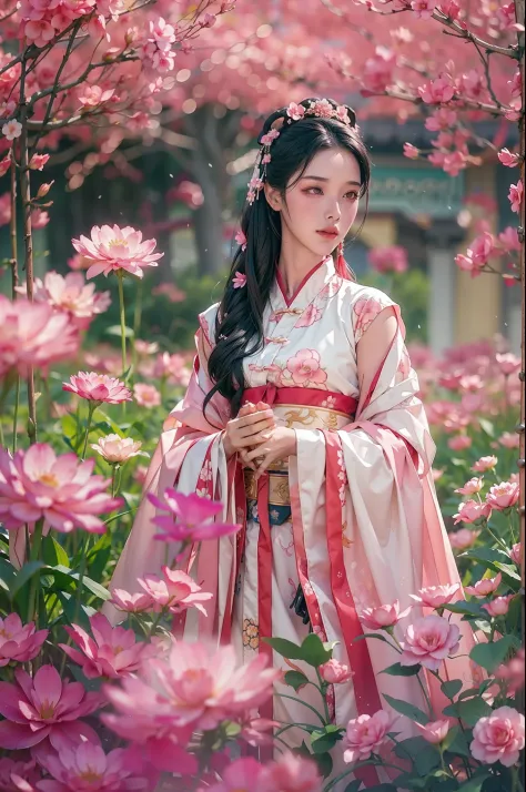 Woman in white dress standing in pink flower field, palatial palace ， a girl in hanfu, Chinese girl, by Leng Mei, white hanfu, g...