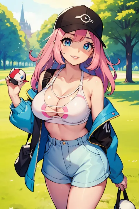 bust art of a cute anime girl, 1girl, c-cup breasts, shoulder length pink hair, straight hair, (dark blue eyes), (white and black baseball cap), (light blue jacket), (pink and white romper), walking in the park, park scenery, cute face, beautiful smile, po...
