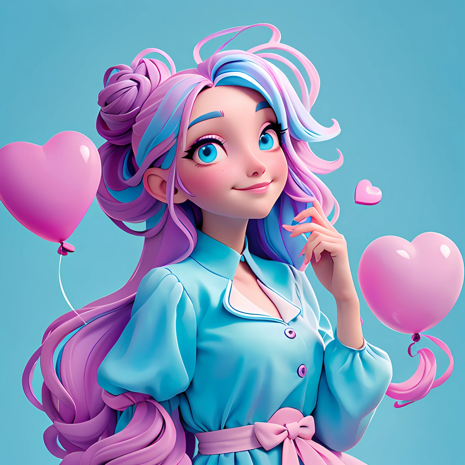 A woman holds a colorful heart-shaped balloon. Her hair is stuck in a messy bun as she looks up in awe. The background is filled with a pastel shade of light blue, evoking a sense of lightness and happiness.