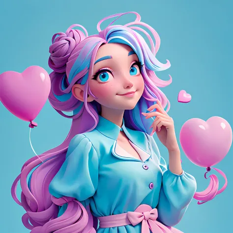 a woman holds a colorful heart-shaped balloon. her hair is stuck in a messy bun as she looks up in awe. the background is filled...