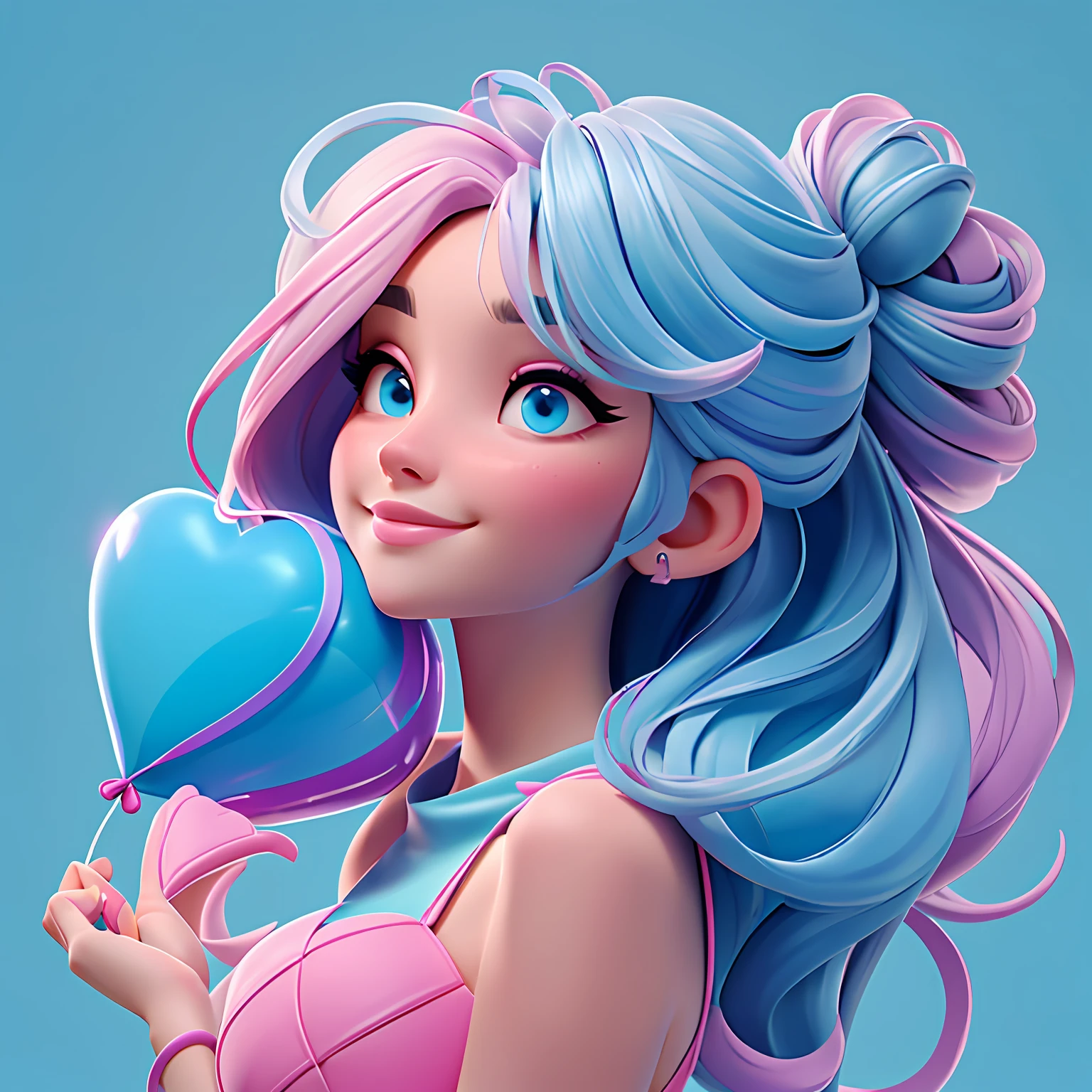 A woman holds a colorful heart-shaped balloon. Her hair is stuck in a messy bun as she looks up in awe. The background is filled with a pastel shade of light blue, evoking a sense of lightness and happiness.