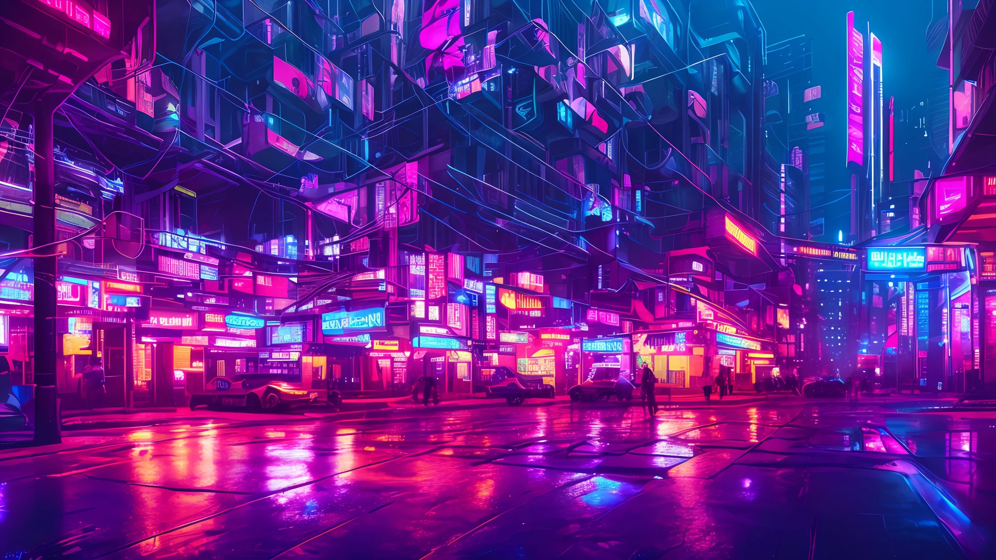 A city street with neon lights and people walking on the sidewalk ...