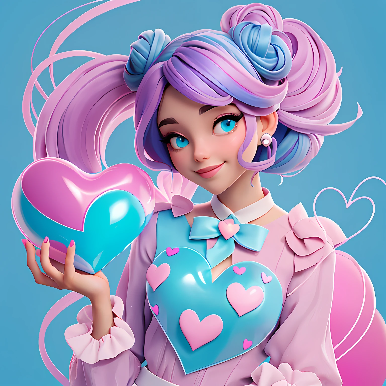 A woman holds a colorful heart-shaped balloon. Her hair is stuck in a messy bun. The background is filled with a pastel shade of light blue, evoking a sense of lightness and happiness.