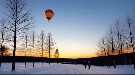 winter sunset landscape in sweden、birch、a balloon with cute girls is rising