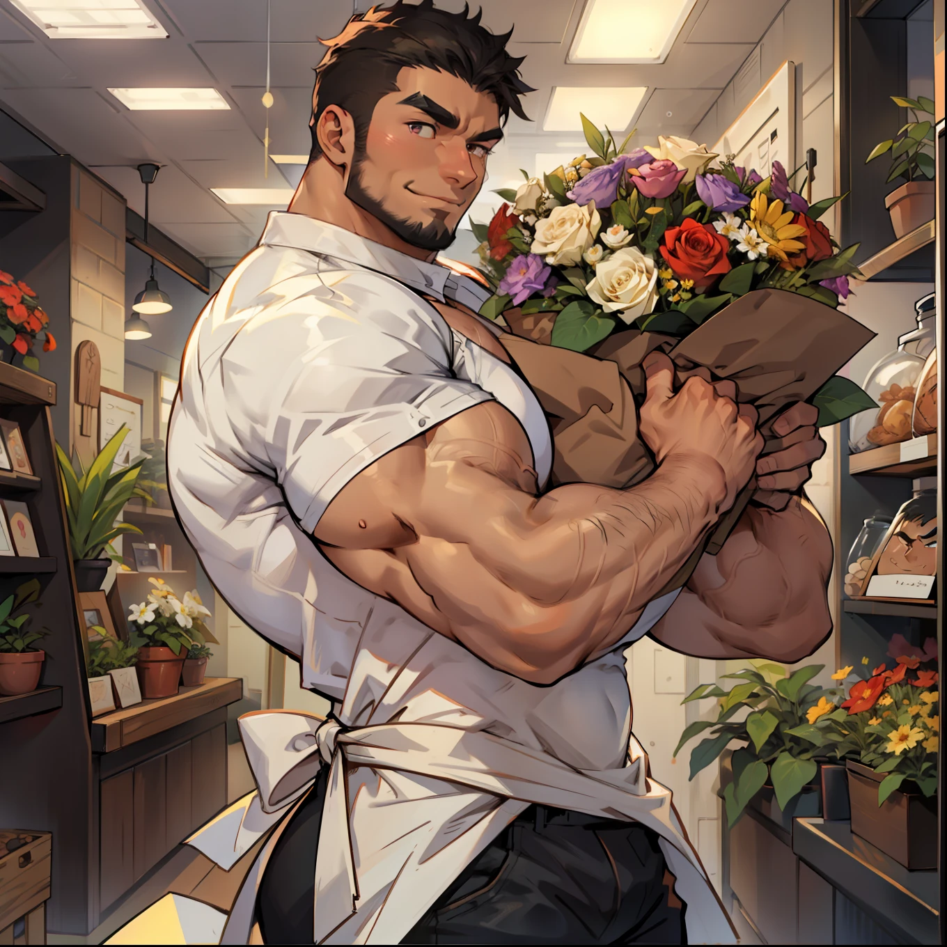 Masterpiece, ultra-high definition, detailed background, HYPERMUSCLE, big big hot muscle giant male, huge pectoral muscle, huge butt, Hyper Pecs, male only, Cute flower shop, colorful flower, holding a wrapped bouquet, drooing eyes, Saggy eyebrows, eye glass, Healing system, a natural charming smile, tight  White dress shirt, black short apron, black jeans, big muscle, huge body, hyper muscle, masculinity, 35 years old, mature man with dark hair and dark eyes, handsome, well-dressed, beautiful muscles, complex and elegant, muscled man, beard, sideburns, facial hair, cropped short hair, male focus, big ass, big Pectoralis major muscle, shiny oily skin, tanned skin,