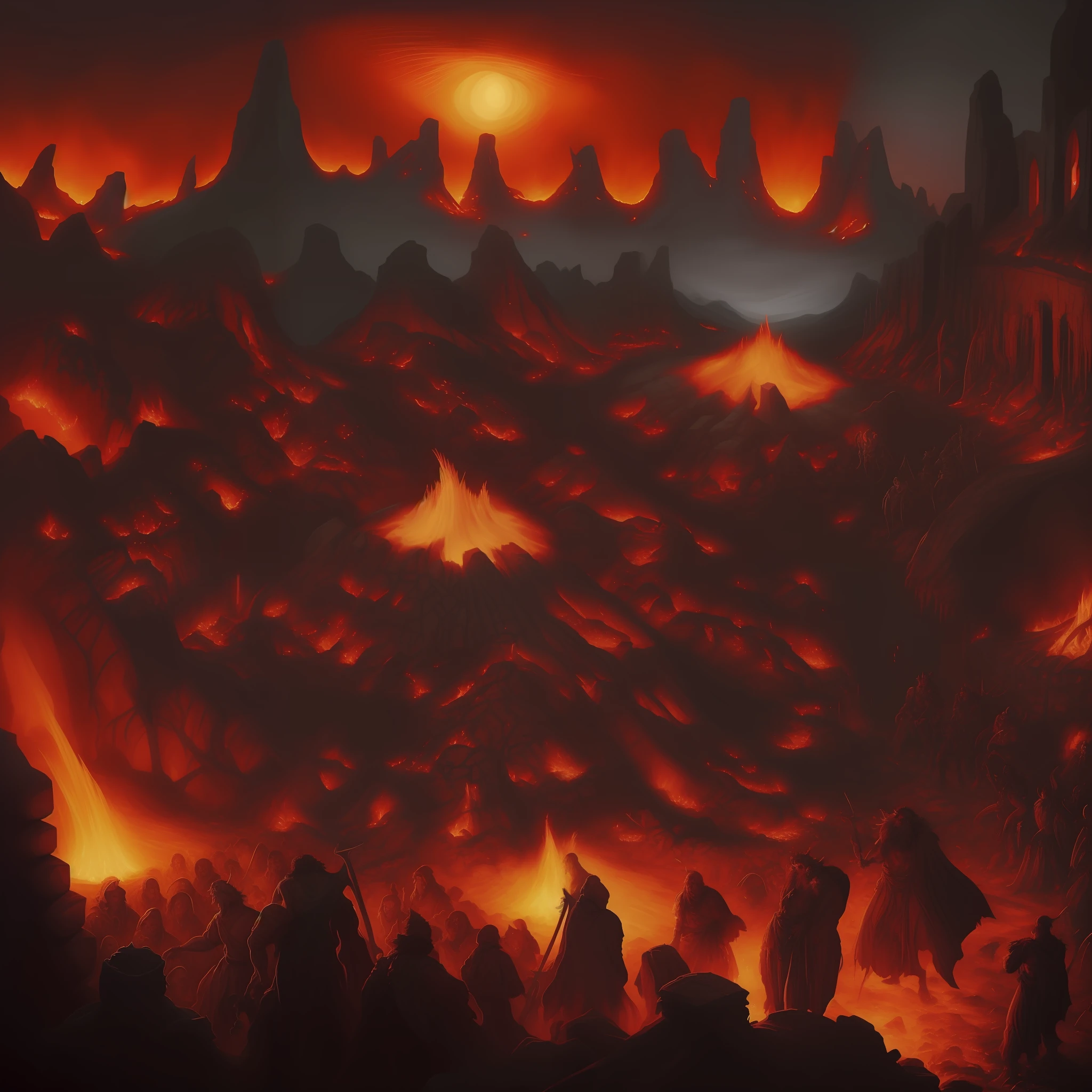 Stellen Sie sich eine epische und blutige Schlacht vor, Avernus, inspiriert von Dantes Inferno, Feuer, Strahlen, Monster, grau und Funken fliegen, Epische Schlacht in der Hölle, Krieg zwischen Dämonen, Flammen, labaredas de Feuer, Ruinen, Chaos, Stil d&D, Stil dnD