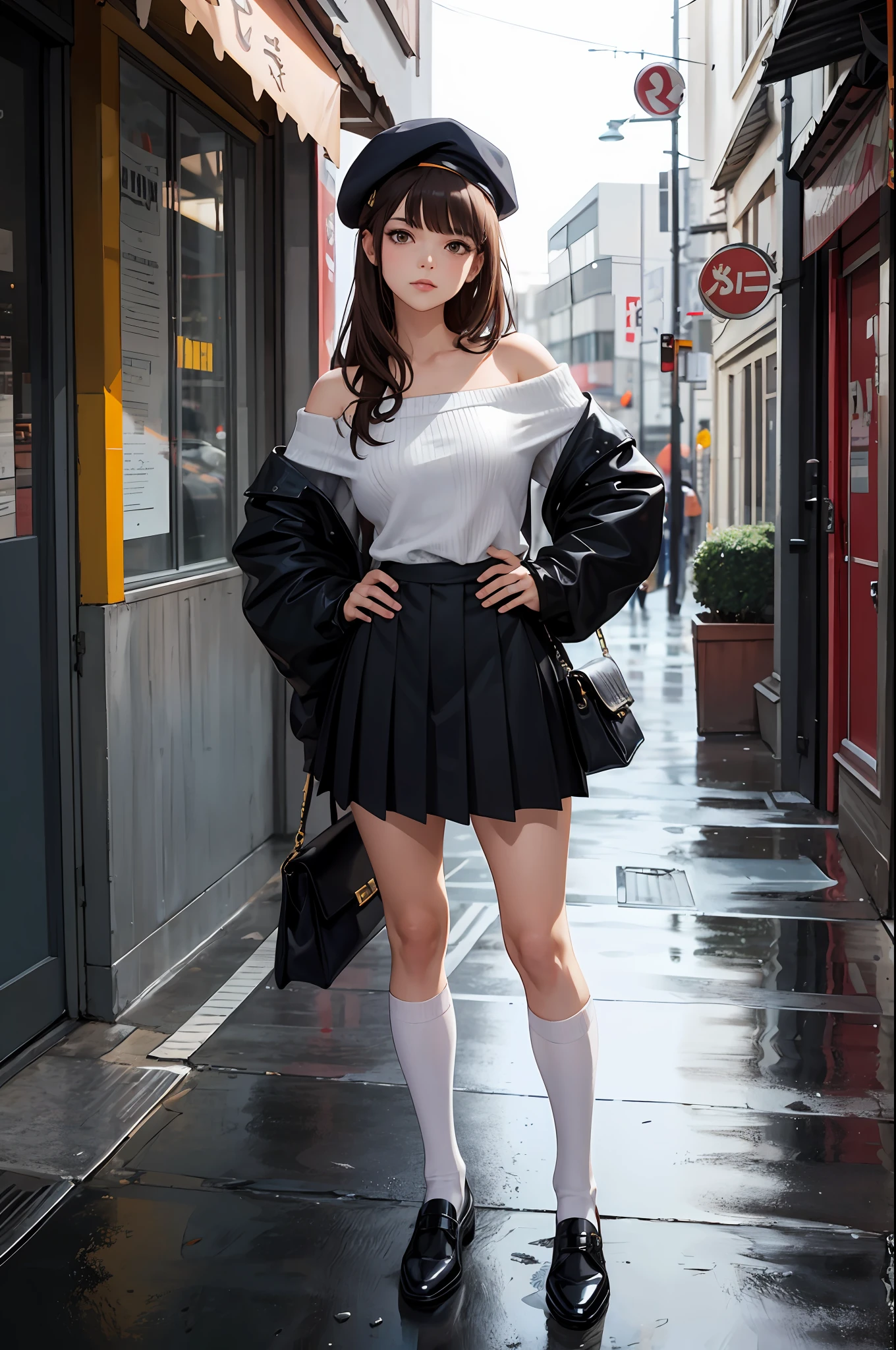 (masterpiece, top quality, best quality), (splash art), european girl, japanese street, hands on hips, bag, street, bangs, bare shoulders, beret, black footwear, black headwear, brown eyes, brown hair, closed mouth, handbag, hat, holding, long hair, long sleeves, looking at viewer, off shoulder, shoes, skirt, sleeves past wrists, socks, solo, sweater, white legwear,