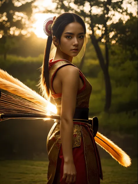 (best quality, masterpiece), 1girl, samurai, particle, wind, looking at viewer, fox ear, backlighting, upper body, pose
