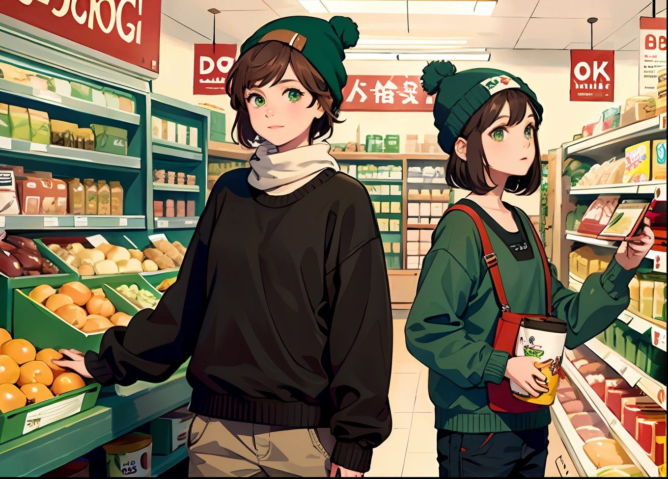 1 girl with short hair, Brown hair, Green eyes, Beanie, brown sweater, baggy pants, tomboyish girls, double tails, Grocery store, Lively shop, cozy environment,