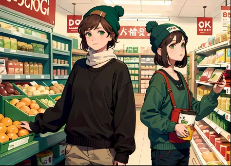 1 girl with short hair, brown hair, green eyes, beanie, brown sweater, baggy pants, tomboyish girls, double tails, grocery store...