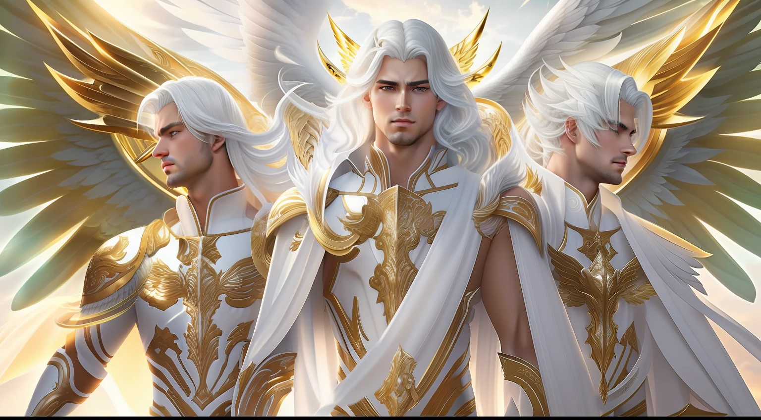 Close-up of 3 angels (Male), (three imposing male angels), with white hair and wings, with white heavenly armor and golden details, majestic angels with a full body, male halo, archangel, --v 6