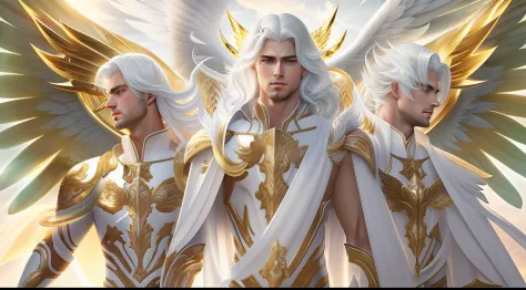 Close-up of 3 angels (Male), (three imposing male angels), with white hair and wings, with white heavenly armor and golden detai...