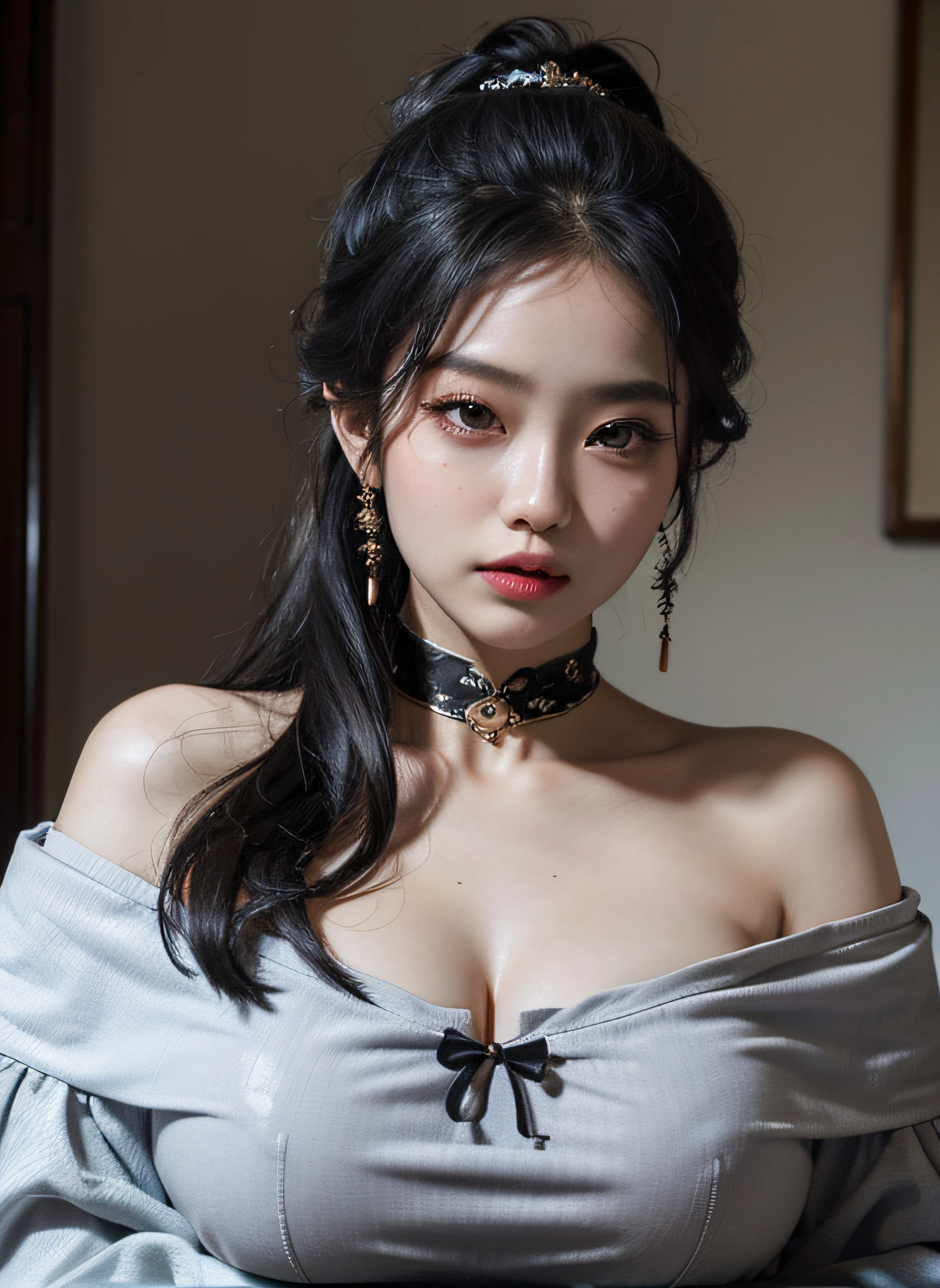 best quality, masterpiece, ultra high res, (photorealistic:1.4), 1girl, off-shoulder shirt, ((traditional chinese dress:1)), black choker, (faded ash gray hair:1), (huge breasts:1.2), looking at viewer, closeup,