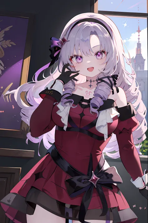 masterpiece, best quality, highres, hmsalome, drill hair, parted bangs, black hairband, ribbon, purple eyes, large breasts, tattoo, red dress, long sleeves, bare shoulders, black gloves, cowboy shot, ojou-sama pose, smile, open mouth, hand on own face,
