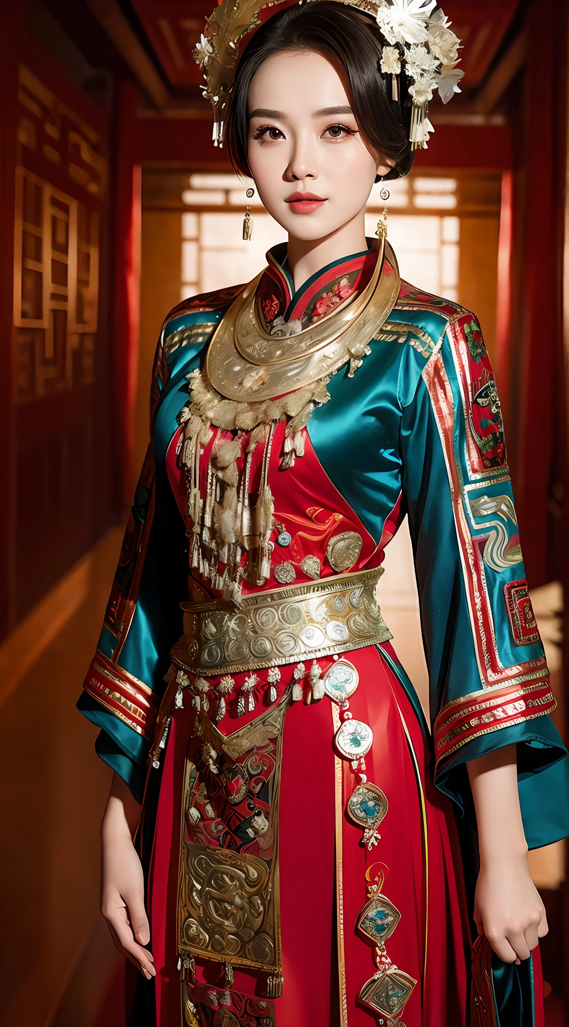 (8K, 原始照片, 最好的品質, 傑作: 1.2), (實際的, 實際的: 1.37), 1 名女孩, 身穿紅色洋裝、頭戴頭飾的阿爾菲女子擺姿勢拍照, 華麗的角色扮演, 漂亮的服裝, 複雜的幻想禮服, 美麗的幻想女王, 旗袍, 複雜連身裙, 複雜的服裝, 传统美, 漂亮的中国模特, 中国服饰, 灵感来自兰英, 穿著華麗的服裝, 受到談話的啟發, 身著優雅的中式秀禾服, 中國婚紗, 鳳冠霞手, 古董新娘