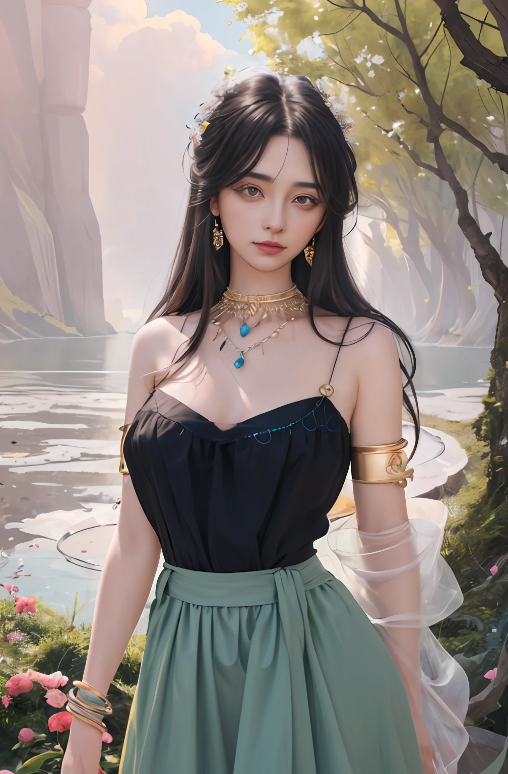 ((Realistic:1.5)),Ulzzang-6500:1.4,((Best quality)), ((Masterpiece)),((Detailed)),2girls,duo,{2 beautiful women}, (Upper body:1.3),Hug and touch each other, Tease your friend's waist, Breathless friends, Biting a friend's earlobe, crouched,super wide shot,Face focus, Long legs,Curvy, Barefoot,Wide hips, Thin legs, Oversized eyes,Long eyelashes, (Detailed face,beautidful eyes, detailedpupils,detailed clothes features, Clear background:1.3), (armlets, bangle:1.3), Mysterious ancient ruins, floresta exuberante, Deep canyon,bridge,River,cliff,Cloud,lakes,Rock music,Waterfalls, Flowers, Grass,grape trees,tree,bright detail,Sharp,Perfect compounding, Intricate, Sharp focus, Dramatic,