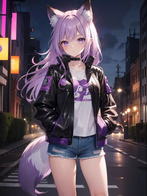 1girl,fox ears,purple hair,beautiful and detailed face,detailed eyes,leather jacket,denim shorts,in a park,at night,hands in poc...