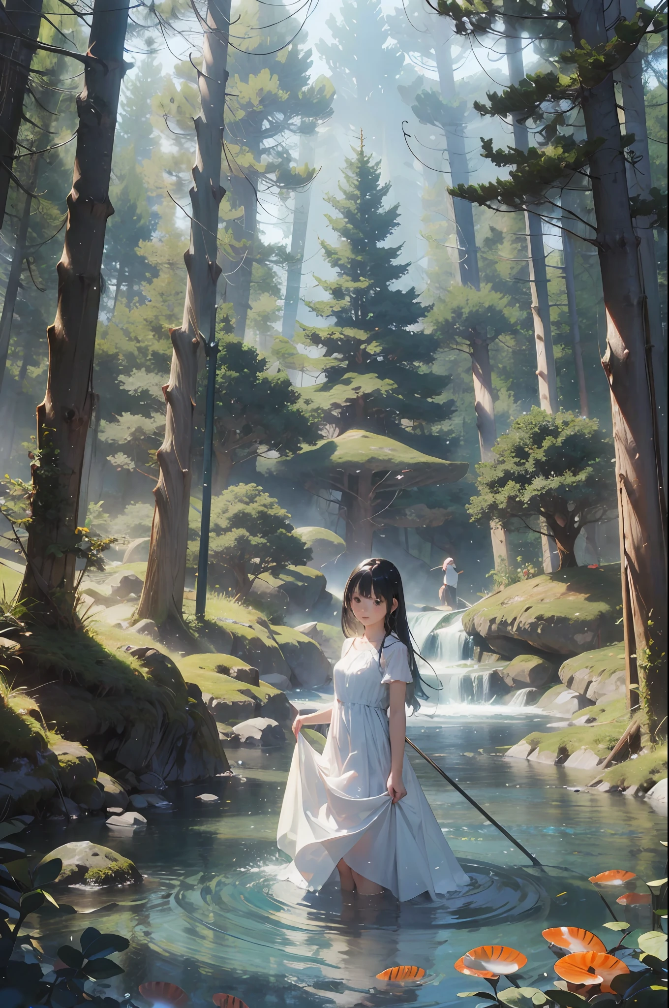 jellyfishforest, 1girll, jelly fish, dress, Long hair, scenery, White dress, Solo, Nature, water, wading, Outdoors, tree, standing, Black hair, fantasy, forest