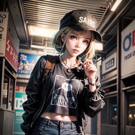 a close up of a person wearing a hat and a shirt, usando streetwear cyberpunk, roupa estilo cyberpunk, mechanic punk outfit, str...