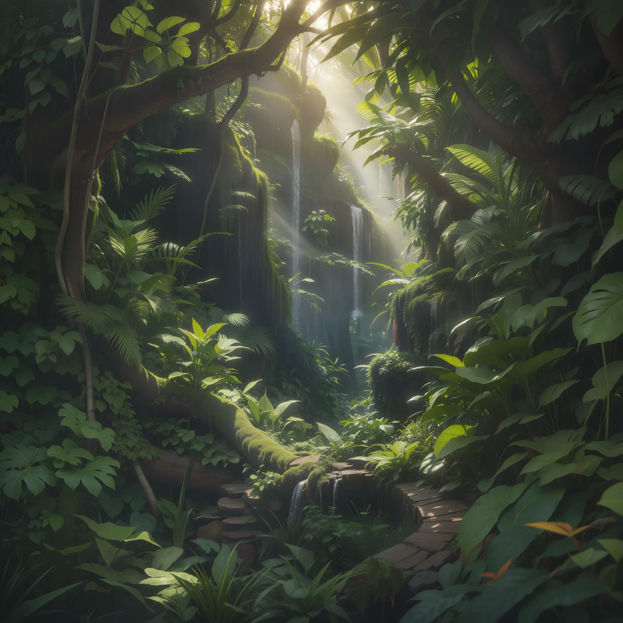 Digital illustration, detailed and intricate, of a dense jungle filled with exotic plants and animals, the sunlight filtering through the canopy creating a dappled effect. In the style of Yoshitaka Amano and Hayao Miyazaki, masterpiece, proportional, detailed, trending on artstation, beautiful lighting, realistic, intricate, award winning, 4k, highest quality