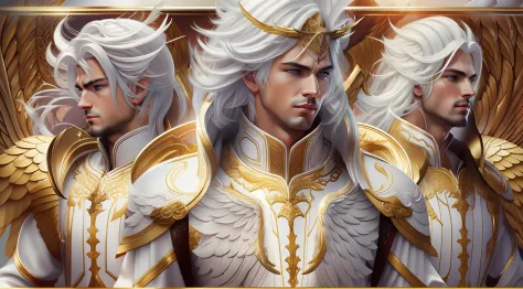 close-up of 3 angels (male), (three imposing male angels), with white hair and wings, with white heavenly armor and golden detai...