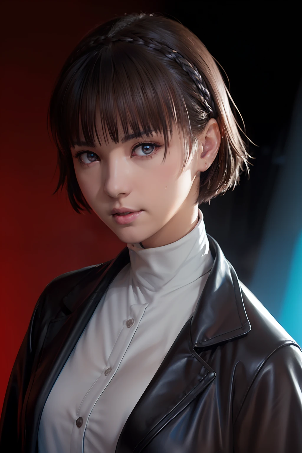 (((raw photo,8k))),(photorealistic:1.3),(masterpiece), (best quality), ultra high res, (best illustration), photon mapping, radiosity, best shadow, portrait, (solo:1.5),1girl,(Niijima Makoto), ((angry expression)), (brown short hair with bangs), ((wearing a soft brown overcoat and a white shirt )), beautiful detailed red eyes, medium breasts, (((black background, blue lighiting, blue backlighting, studio lighting))), looking at viewer, smooth, film, photographed with a Fujifilm XT3, Fujicolor, Fujifilm 35mm f/1.4G lens, with CYBERPUNK 0T COLOR FILM 36EXP 35MM CINE FILM