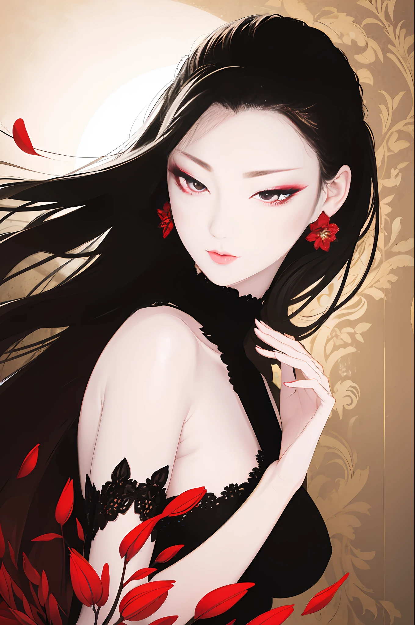 tsuruta ichiro, ((Narrow-eyed)), 1girl in、 deadpan、short-hair、shorth hair、brow、Reluctance、A dark-haired、Tucked Hair Solo, ,  ((mideum breasts)),  Thin slit eyes、Black eyes, Light shines on the eyes、Black hair, gloves, doress, embroideries、 Luxurious Jewelry, earrings, sharp eye、 elbow groves,Raise your hands and tie your hair back, random color, random color dress,  Makeup for long eyes, Slender eyes、 Complex petal pattern, Rim Light, Back Light, pastel color,Studio Lighting