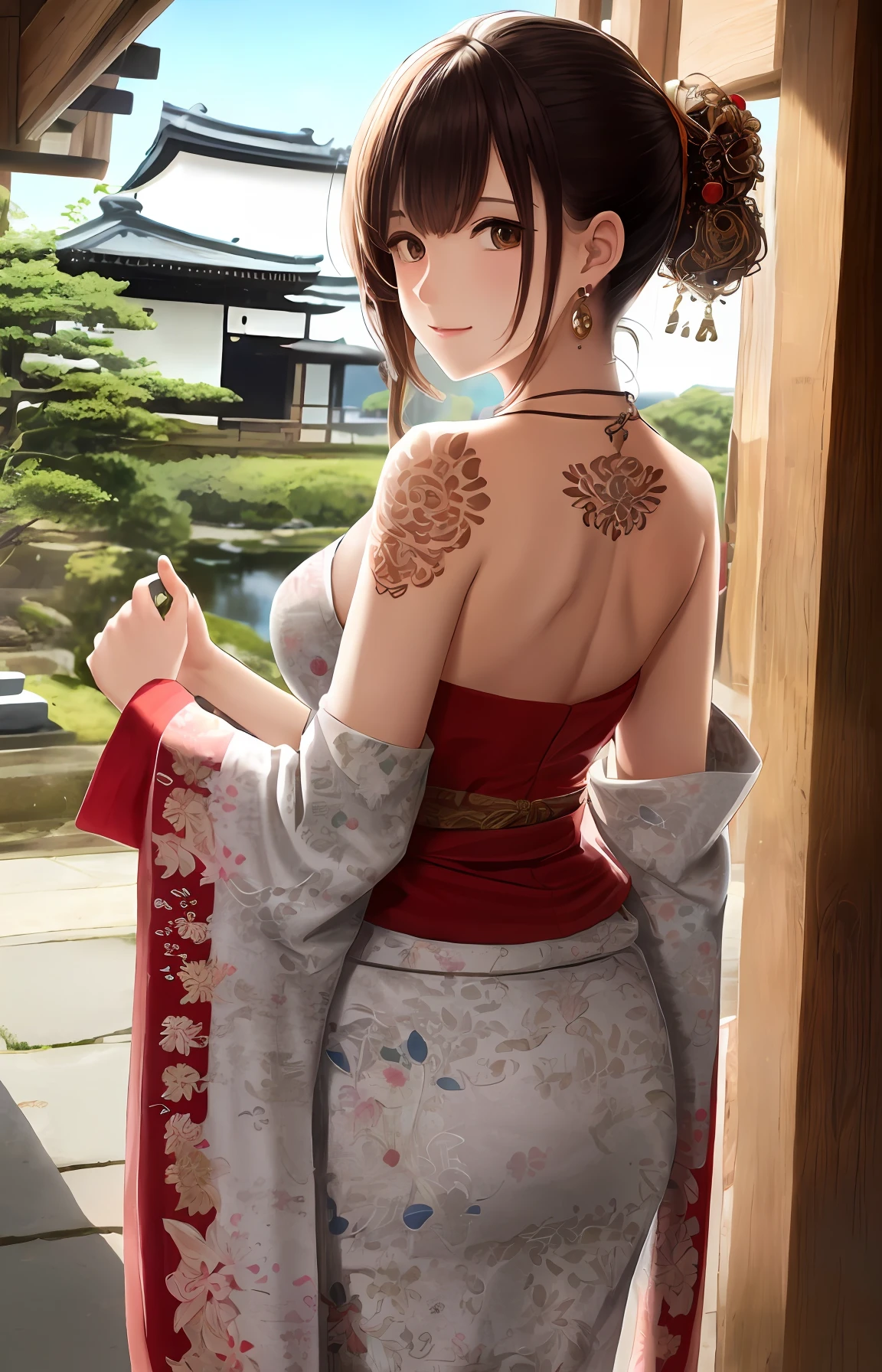 Masterpiece, ((Ultra detailed backgrounds, Delicate pattern, intricately details)), (Highly detailed, Fine details), Best quality, ((Medium breasts, Slim girl)), Nanchan, 1girll, Orange hair, Solo, Long hair, jewelry, ((Medium breasts, Slim girl, Japanese clothes, komono, left shoulder tattoo)), hair adornments, Brown eyes, Smile, Earrings, (complex detailed background, outside, urban surroundings, traditional japanese town environment, Japan architecture, Cowboy shot, From behind, Holding, money, banknotes),