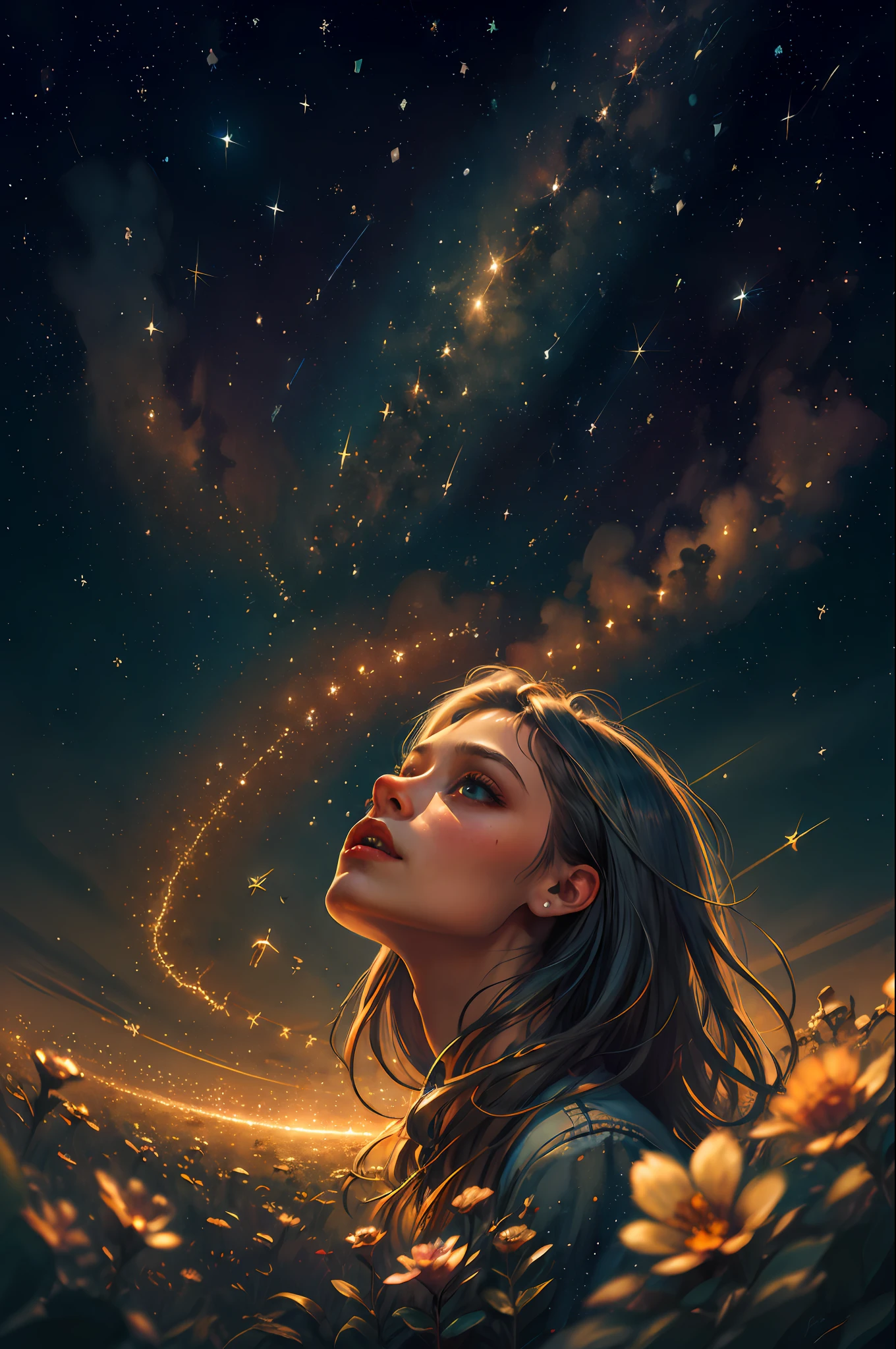 Half portrait, The best quality, Masterpiece, ultra-high-resolution, (realistic photo:1.4), surrealism, dream-like,
1 girl, Absurdly long hair, starry sky, evening,stars, Galaxy, flower,