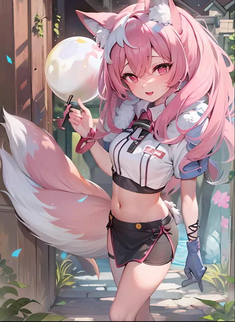 nazuna hiwatashi, 1girl, outside, solo, pink hair, body fur, fox ears, fox tail, high res, clothed, furry, sharp focus, colorful...