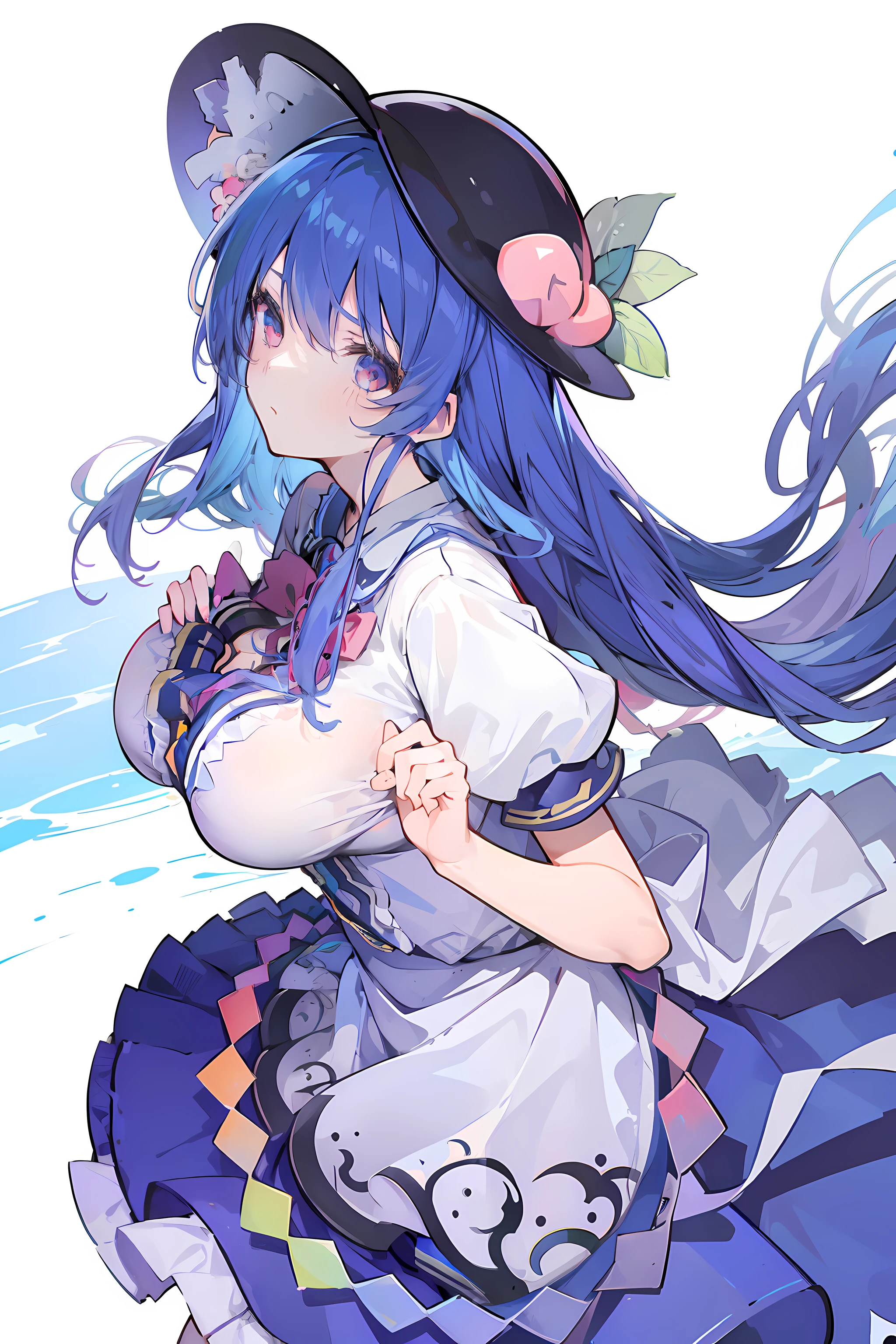 Anime girl with blue hair and a hat holding a cat - SeaArt AI