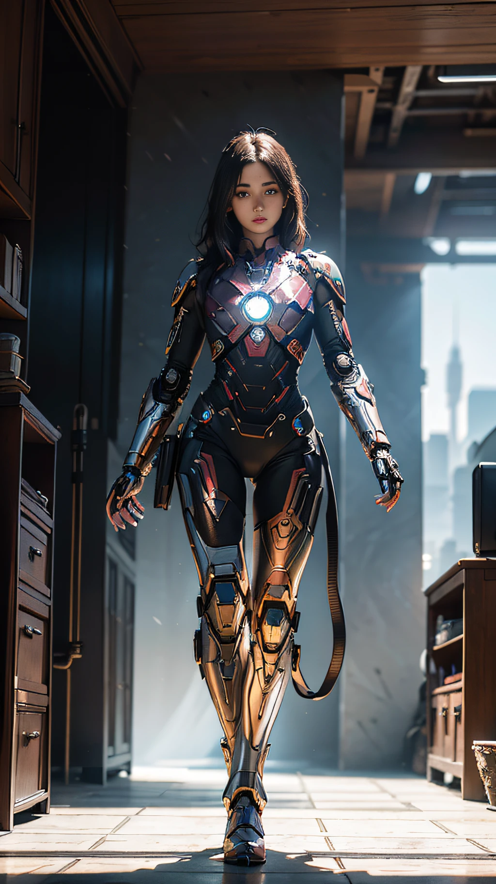 Realistic movie scene of a 20-year-old woman standing full body in a cyberpunk barren with stunning cloudscapes. (wearing an Iron Man mech) on her insanely complex anatomically adapted (graphene: 1.1) biomechanically symmetrical arms and biomechanically symmetric legs. Extremely detailed, elegant and ornate symmetrical fractal detail with Kyanite gemstone. Scene captured with bright soft natural light, dramatic shadows and beautiful vibrant colors. Romantic art style. 8k resolution image with cyberpunk style, intricate symmetrical details. The whole picture is indomitable and heroic. It is mainly a complete picture of a man standing with his whole body, smooth movements and confident expression.