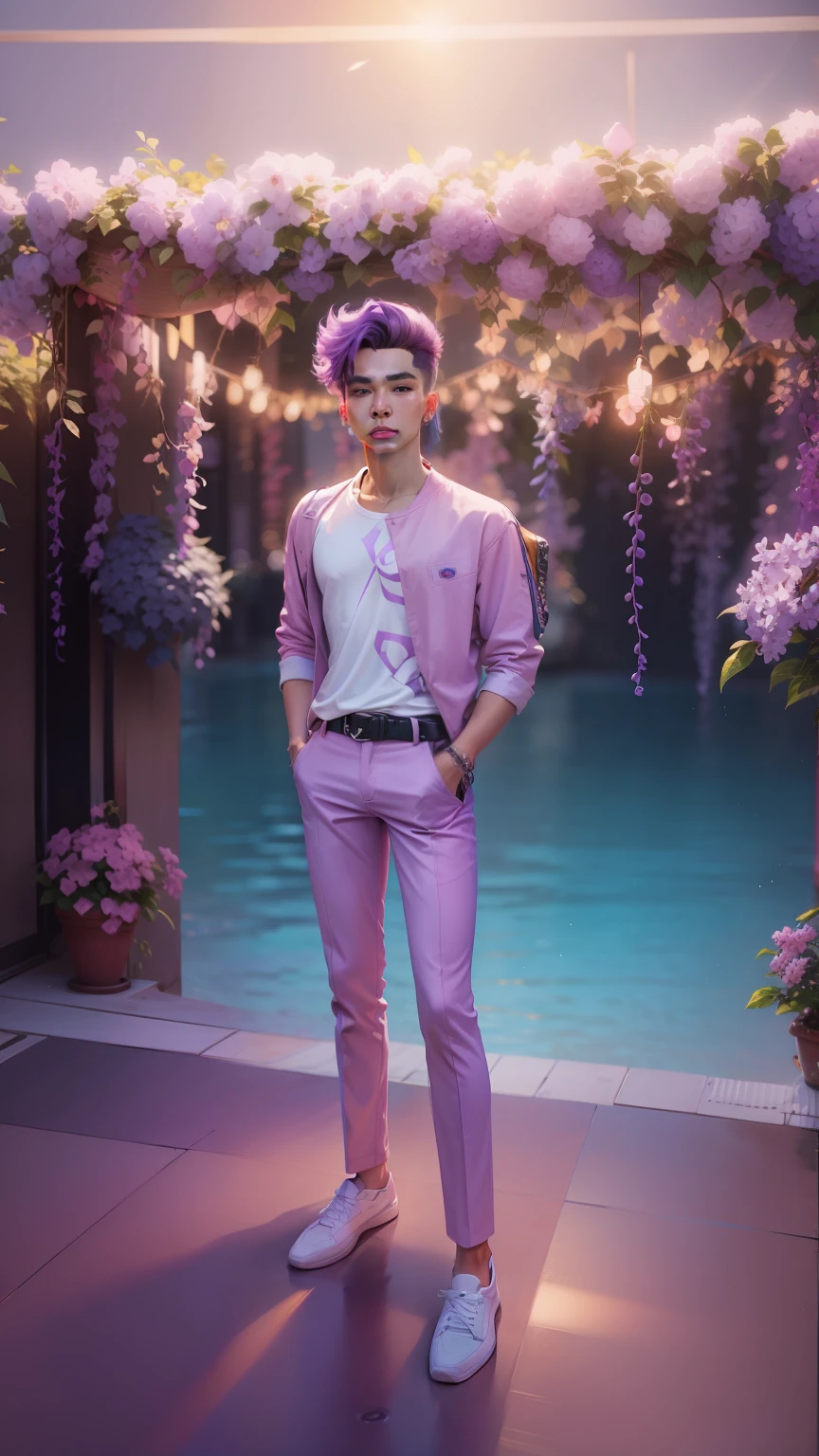 A man in a pink suit standing in front of a pool - SeaArt AI