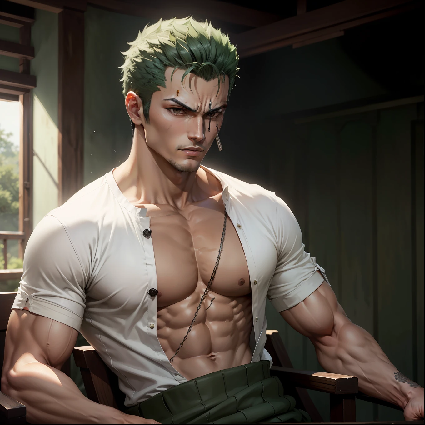 Roronoa Zoro, with swords, masculine, strong, Intricate, high quality, 1man, White shirt