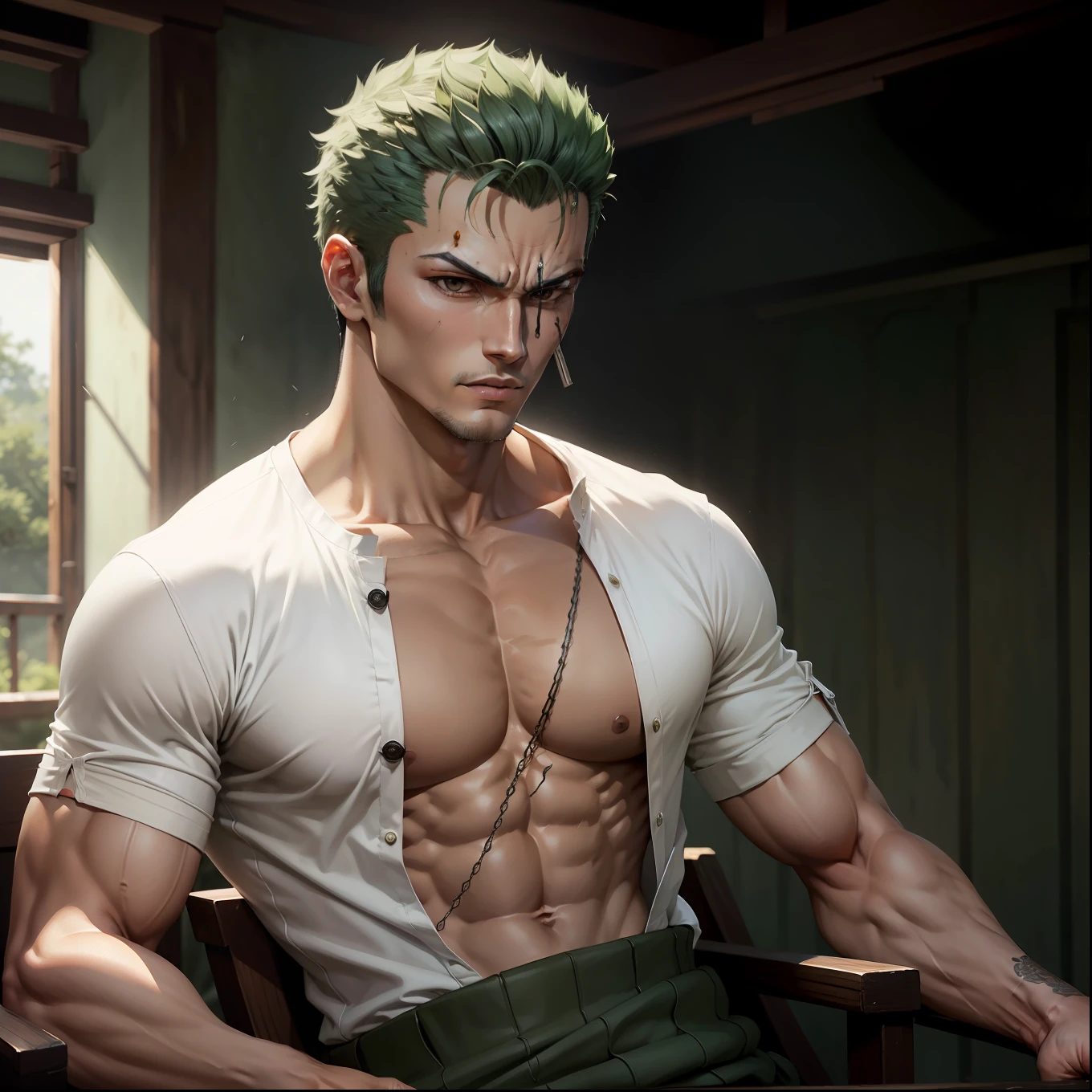 Roronoa Zoro, avec des épées, masculin, fort, complexe, haute qualité, 1 homme, Chemise blanche