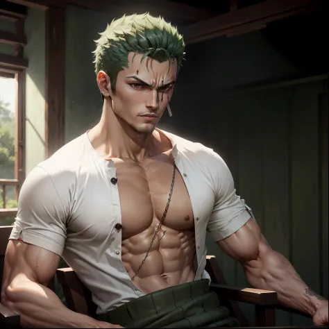 Roronoa Zoro, con espadas, masculino, fuerte, intrincado, alta calidad, 1hombre, Camisa blanca