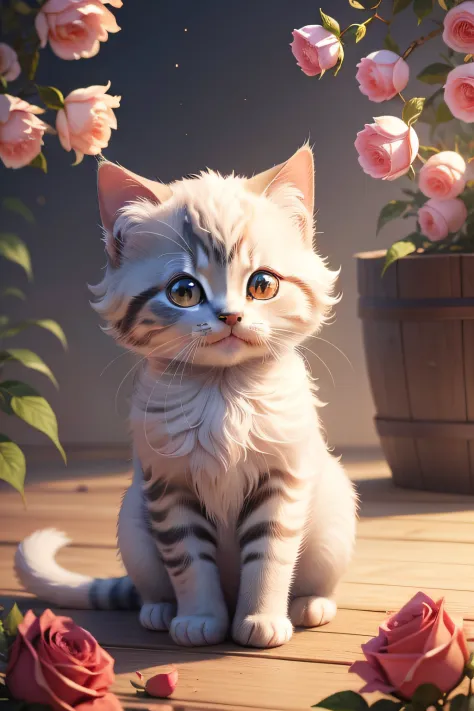 Nesta arte CG ultra-detalhada, the adorable kitten surrounded by ethereal roses, melhor qualidade, alta resolução, detalhes intrincados, fantasia, animais bonitos, pelos brancos