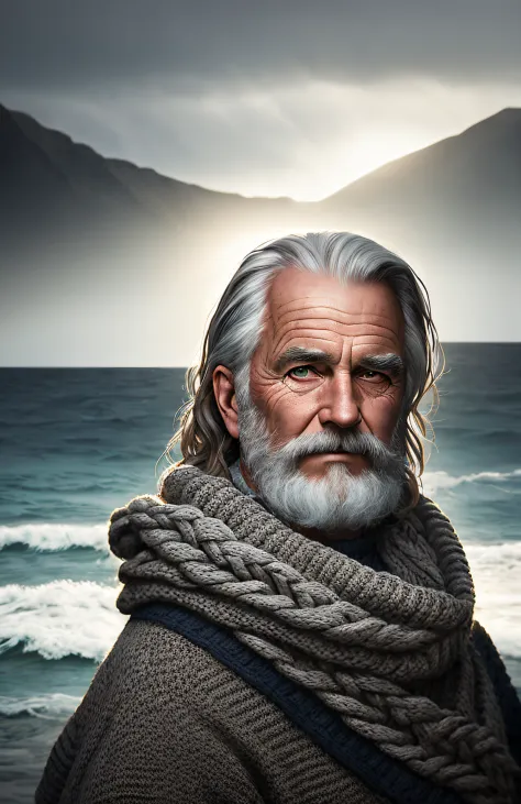award winning portrait photo of an older male medieval grizzled sailor in a knitted sweater with wrinkles on face, ocean, waves,...